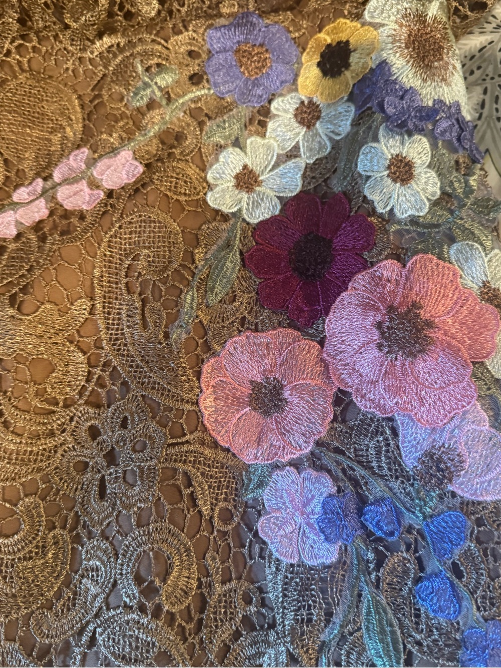 Gold Lace Evening Gown with Pink & Lavender Floral accents. Fall wedding guest - Picture 5 of 8